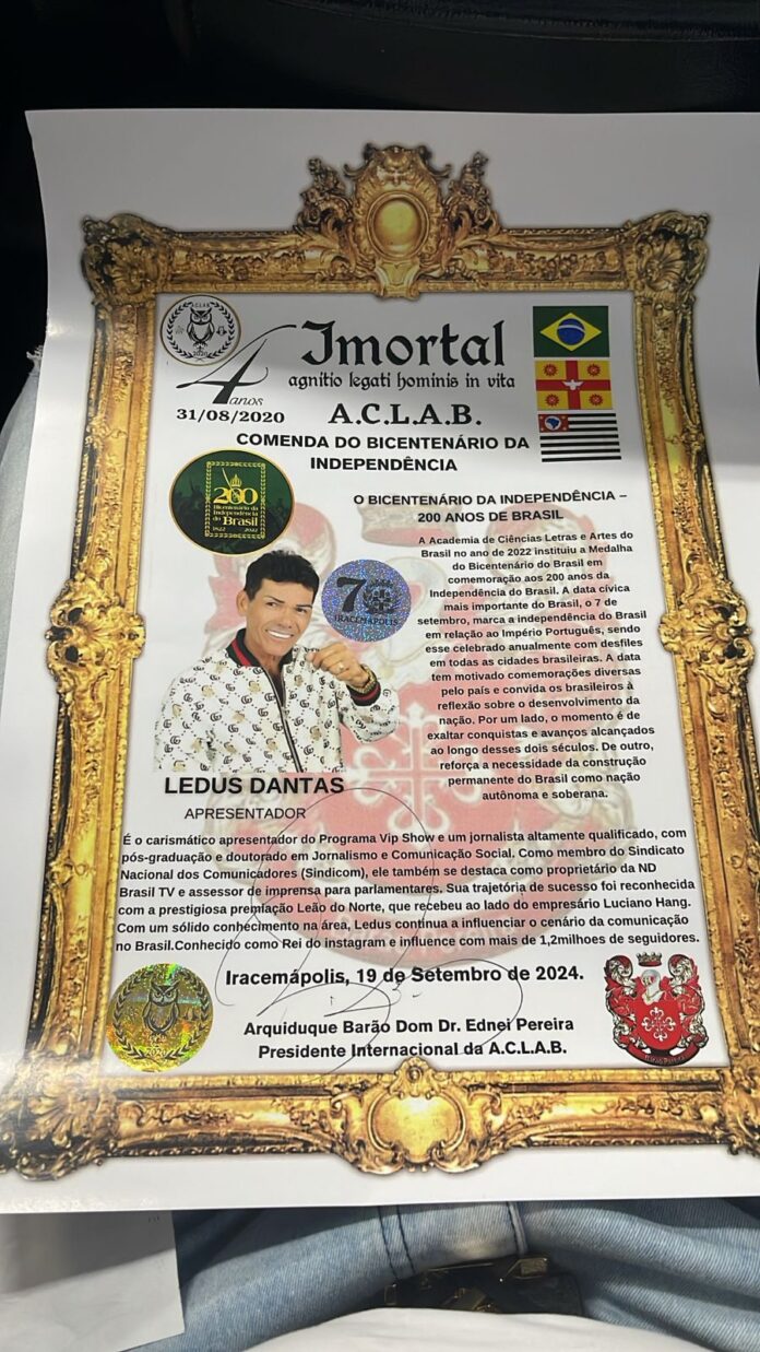 Ledu Dantas É Condecorado Com A Medalha Bicentenária Pela A.c.l.a.b